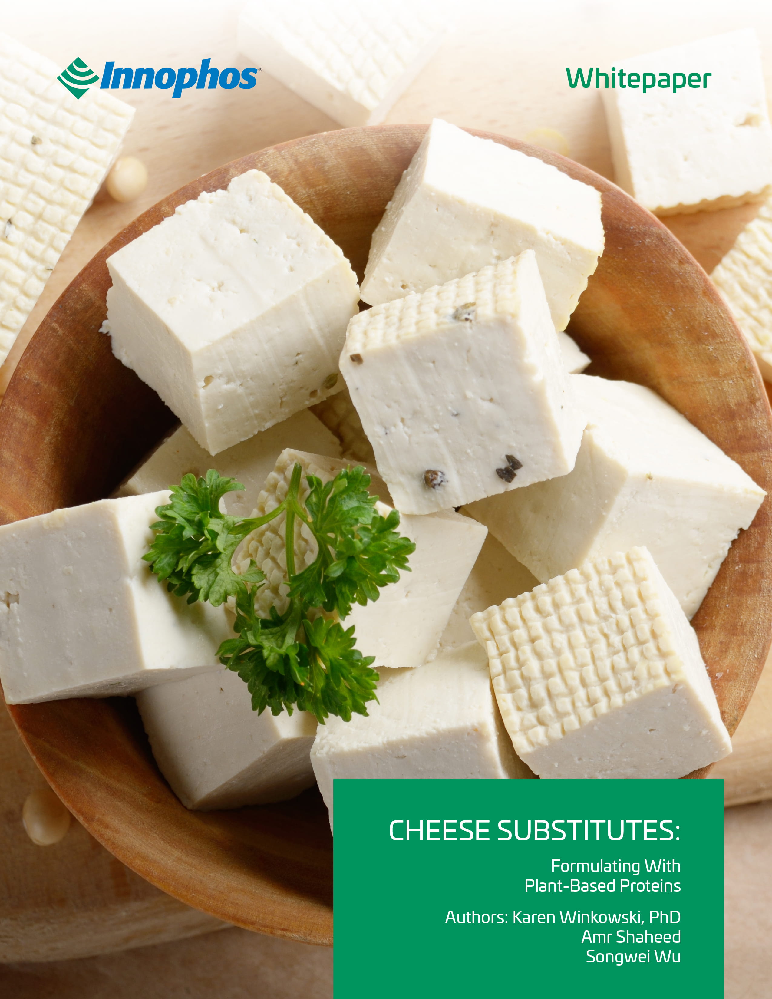 Cubes of cheese susbstitutes with garnish in a bowl