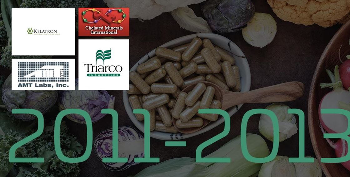 Logos of GELITA, Oxford Minerals, AMT Labs, and Tharco above “2011–2013,” with vegetables and capsules in the background.