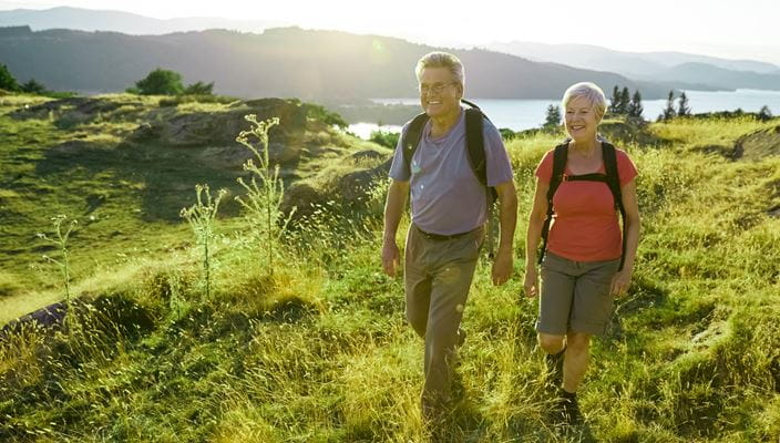 Two hikers with backpacks on a grassy trail, overlooking hills and water under bright sunlight.