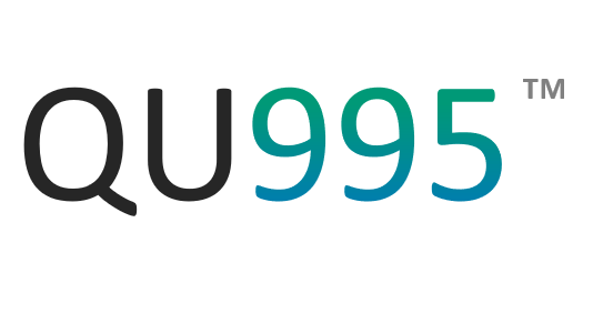 QU995™ text with a gradient from black to green to blue.