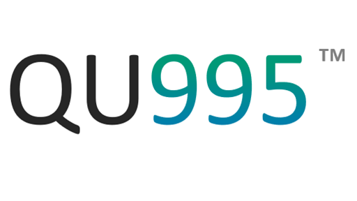 QU995™ text with a gradient from black to green to blue.