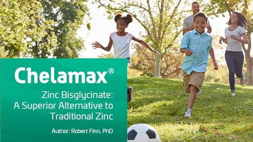 Children playing outside near a soccer ball, with a Chelamax® Zinc Bisglycinate info box on the left.
