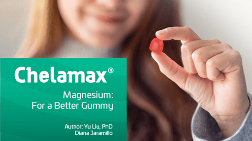 Person holding a red gummy with a Chelamax® Magnesium info box on the side.