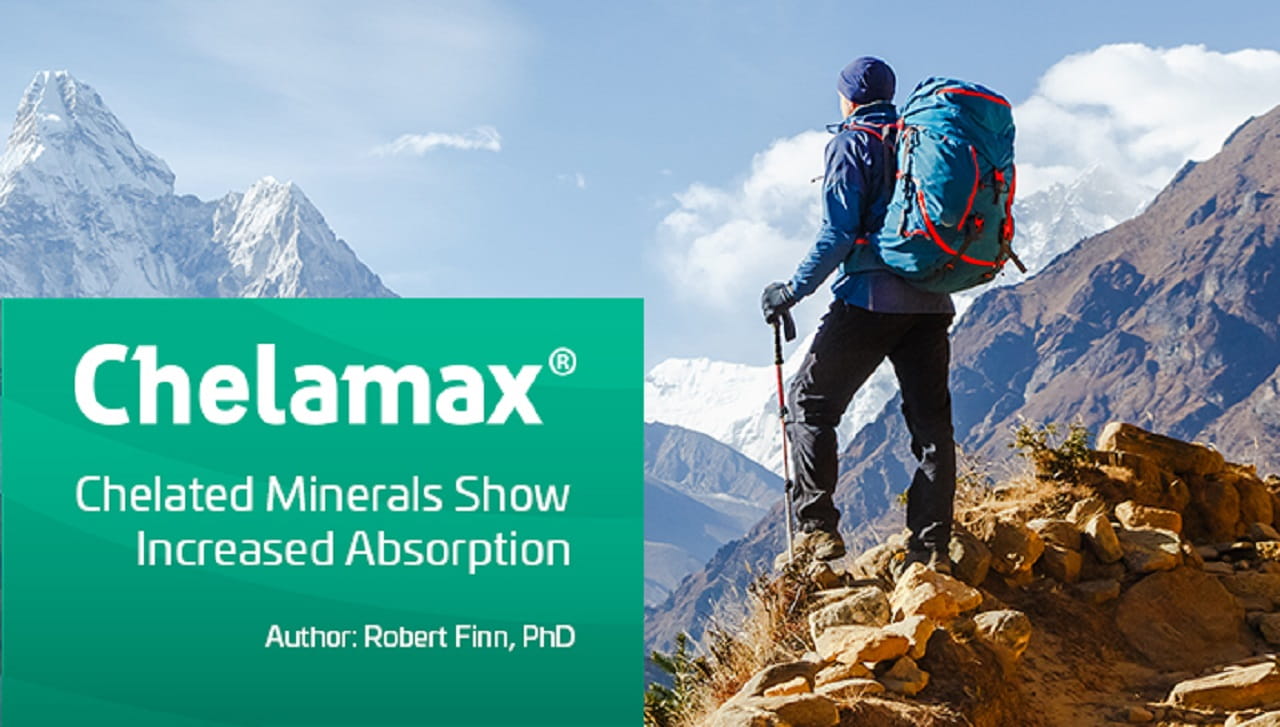 Person on a rocky mountain peak with Chelamax® absorption info box.