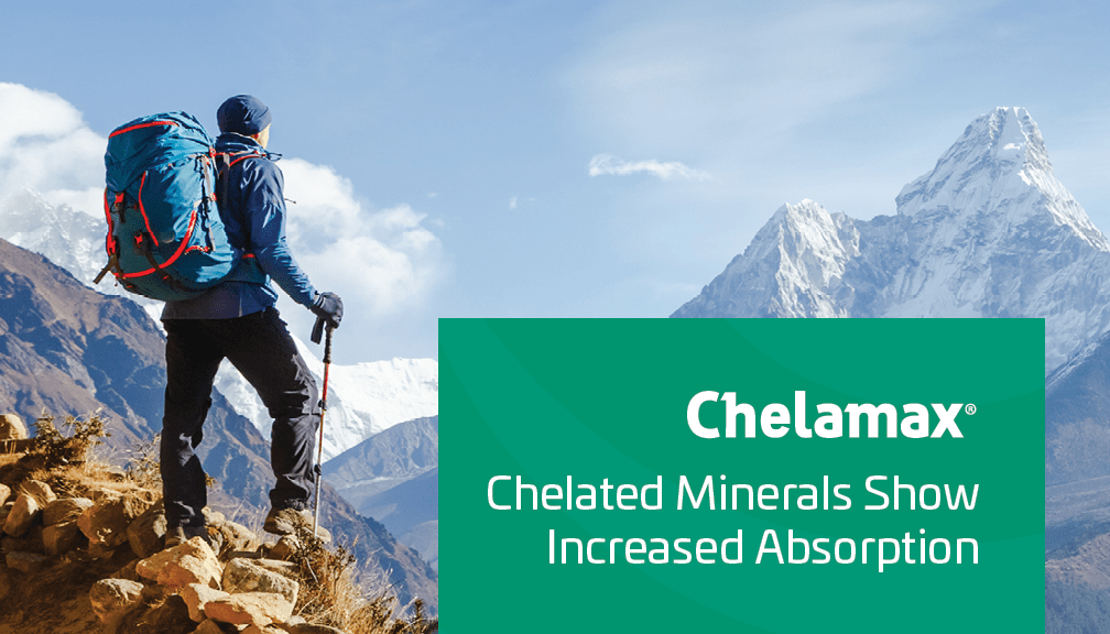 Person on a rocky outcrop with mountains in the background and Chelamax® info box.