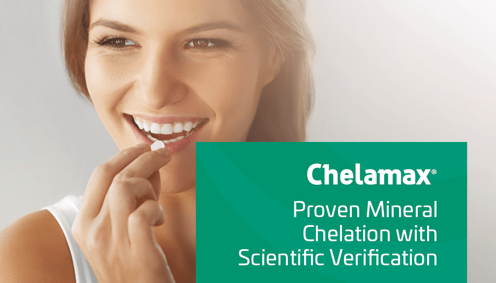 Person in a white tank top with Chelamax® Proven Mineral Chelation info box.