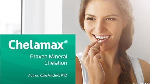Person in a white tank top with Chelamax® Proven Mineral Chelation info box.