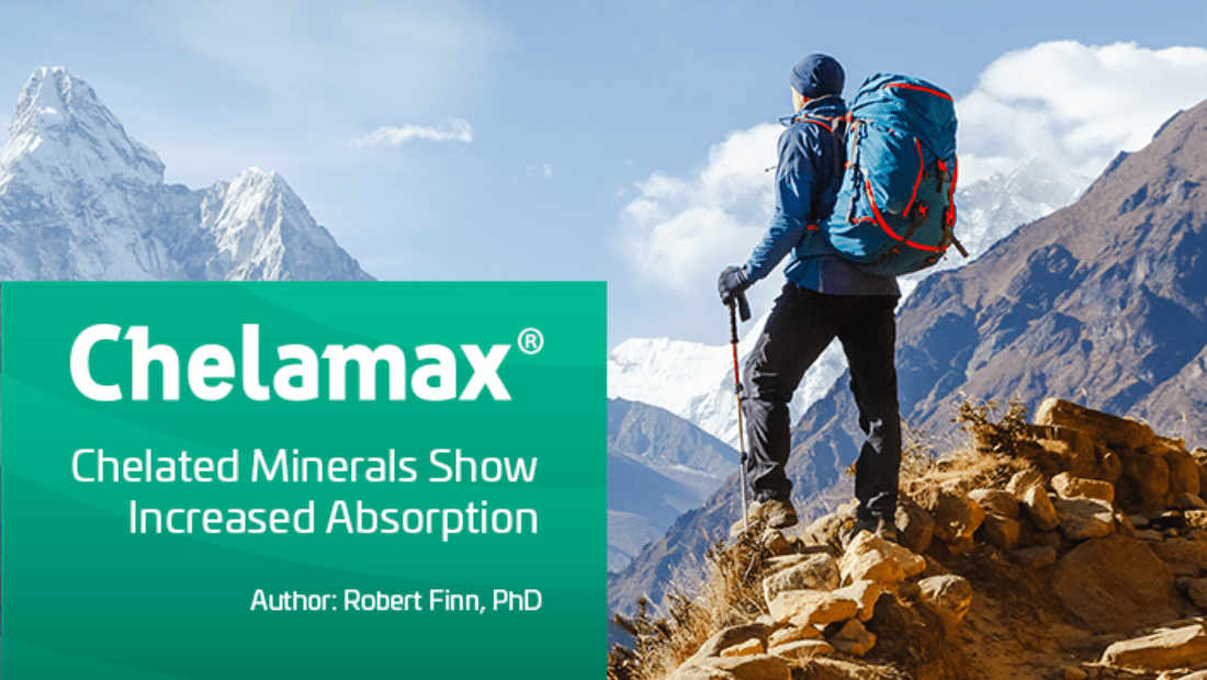 Person on a rocky peak looking at snow-capped mountains with Chelamax® info box.