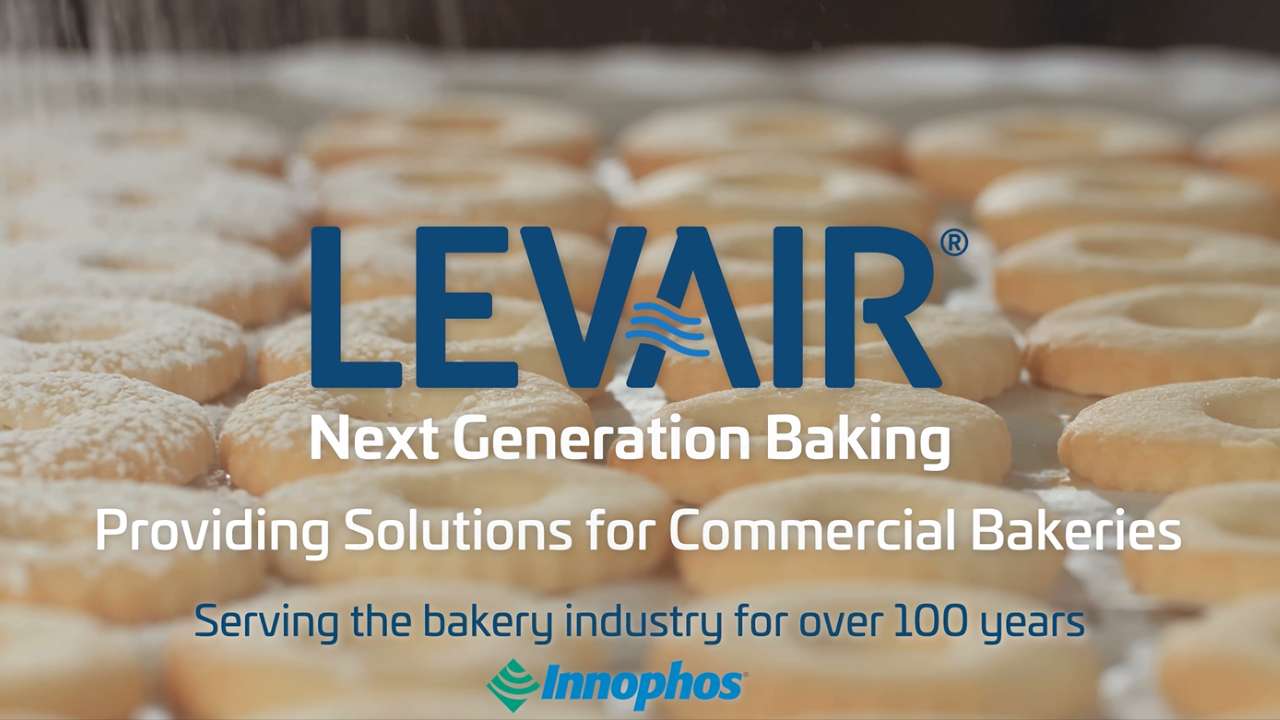 LEVAIR® baking ad with cookies in the background and text about commercial bakery solutions.