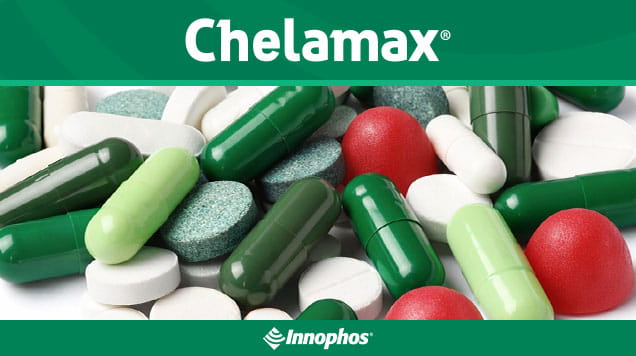 Green and white capsules and tablets labeled “Chelamax”
