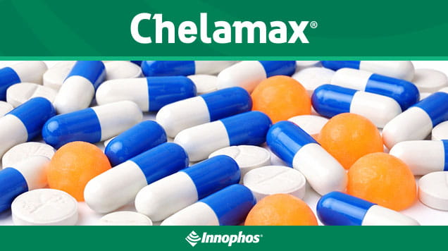 Blue‑white capsules and orange tablets labeled “Chelamax”