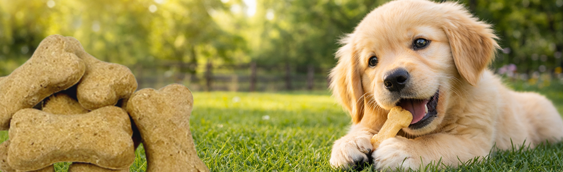 Pile of bone-shaped dog biscuits on the grass next to a puppy chewing one outdoors.