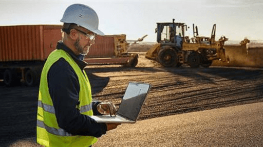 Construction worker with laptop at site with heavy machinery.