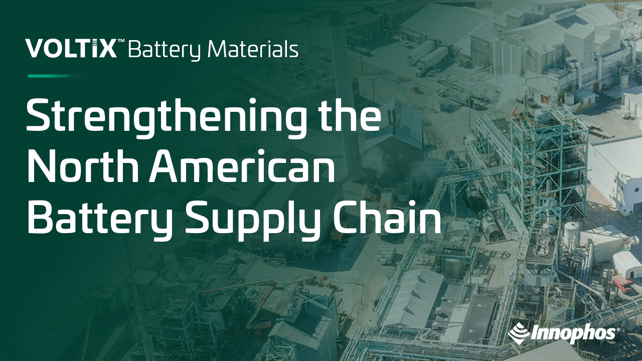 Graphic promoting North American battery supply chain growth, with industrial facility background and Voltix Battery Materials branding.