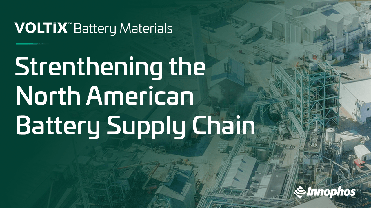 Graphic promoting North American battery supply chain growth, with industrial facility background and Voltix Battery Materials branding.