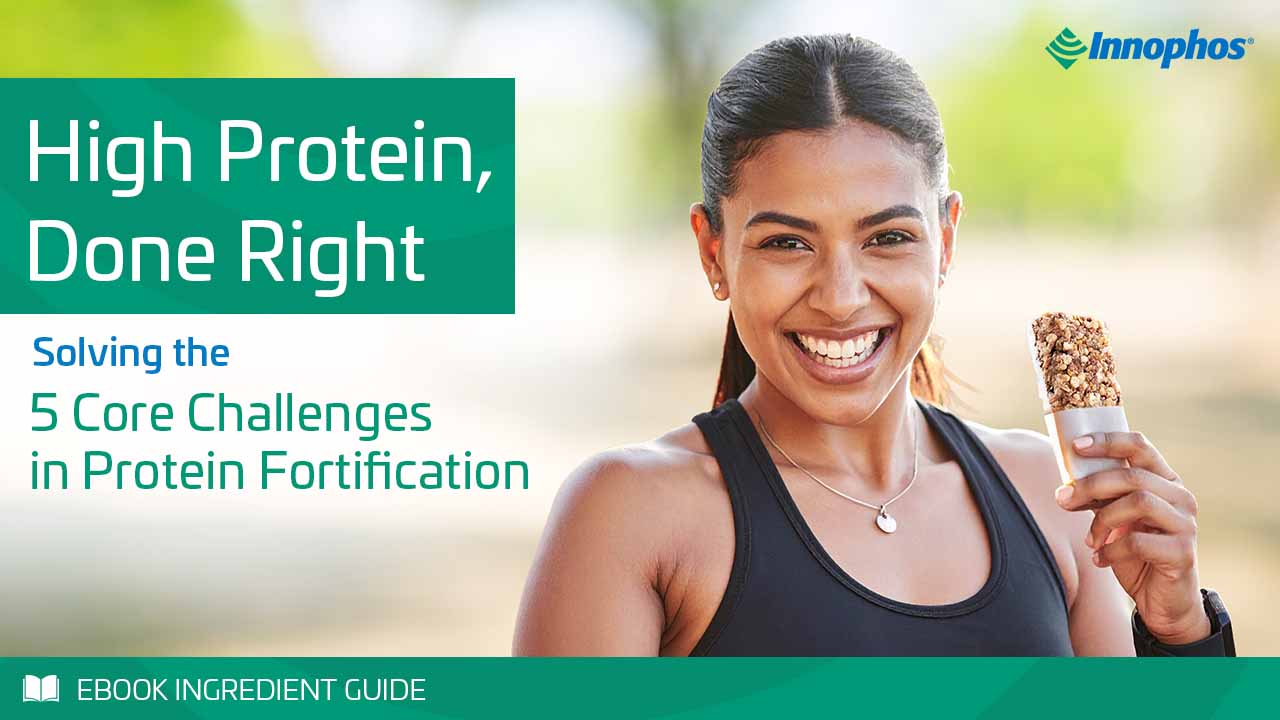 Woman holding a protein bar beside “High Protein. Done Right.” eBook promotion.