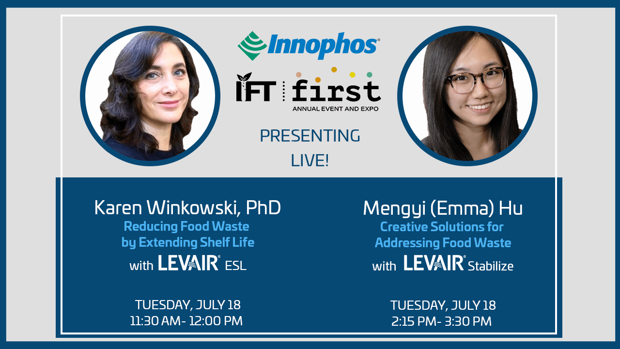 Promotional flyer for Innophos and IFT FIRST event featuring talks on reducing food waste with LEVAIR® products