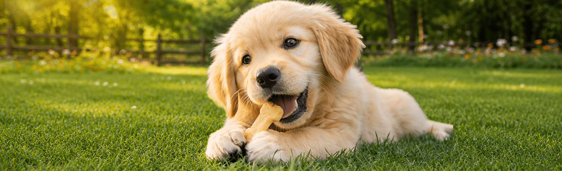 A puppy chewing a bone-shaped dog biscuit outdoors on the grass.