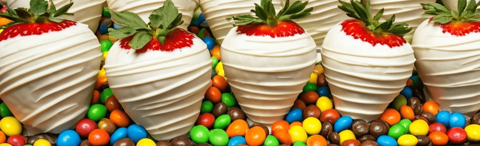Strawberries dipped in white chocolate on candy-coated chocolates