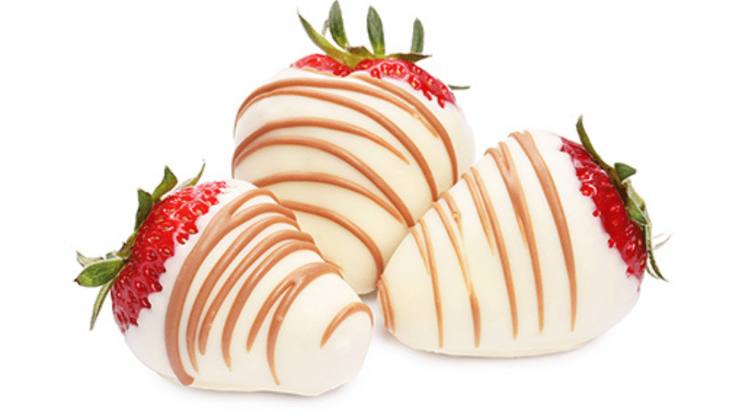 white chocolate-dipped strawberries with milk chocolate drizzle