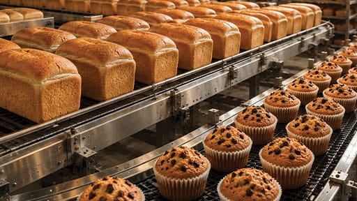 Rows of freshly baked bread loaves and muffins moving along an industrial bakery conveyor line.