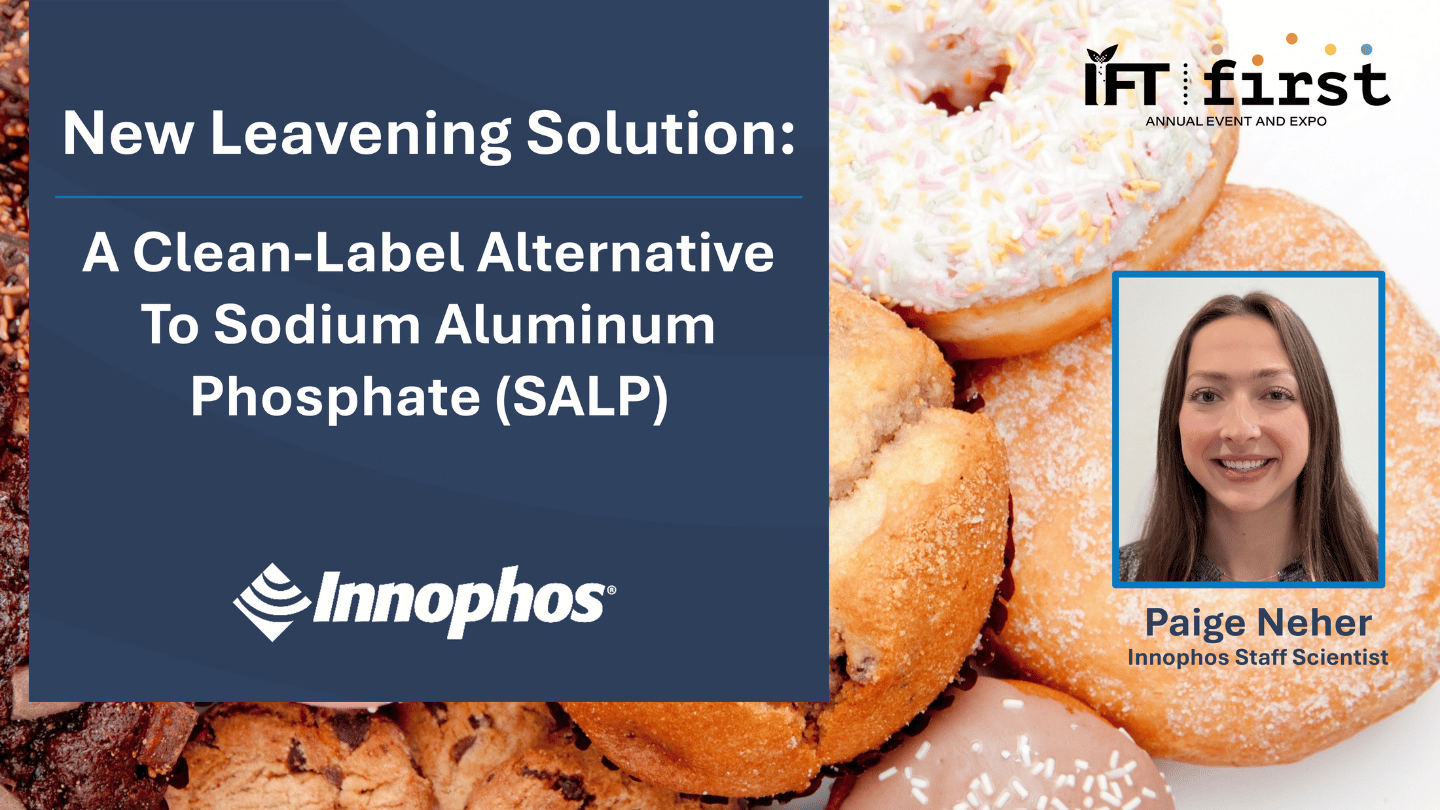 Background of assorted baked goods with Innophos presentation title and speaker photo