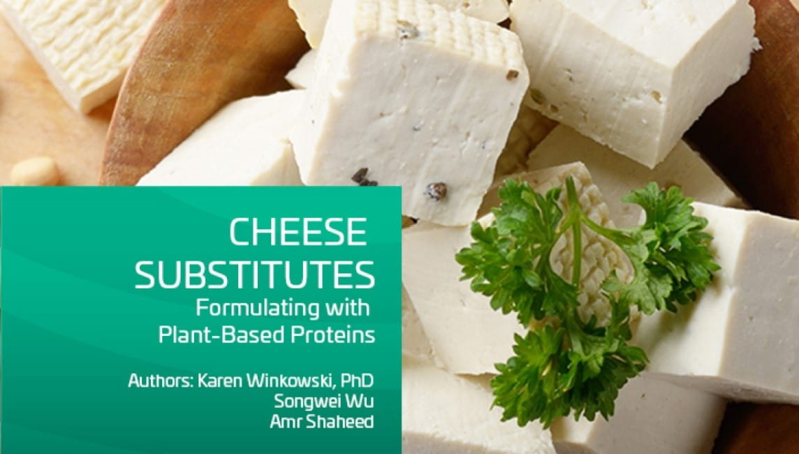 Cubed cheese substitutes with parsley and text about formulating with plant-based proteins