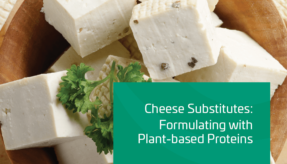Cubed cheese substitutes with parsley and text about formulating with plant-based proteins