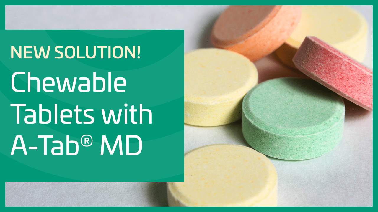 Colorful round chewable tablets with text reading “New Solution! Chewable Tablets with A‑Tab® MD.