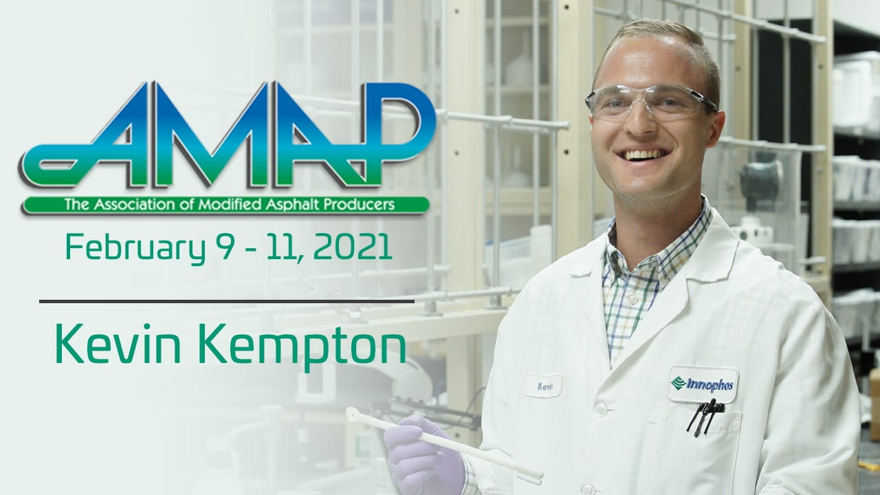 Person in a lab coat labeled Kevin Kempton standing in a lab with AMAP event text in the background
