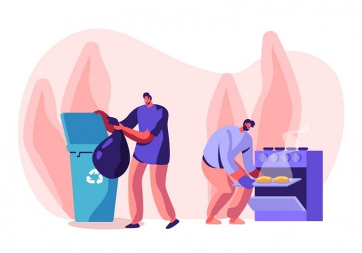 Two people doing chores—one taking out trash, the other removing baked goods from an oven