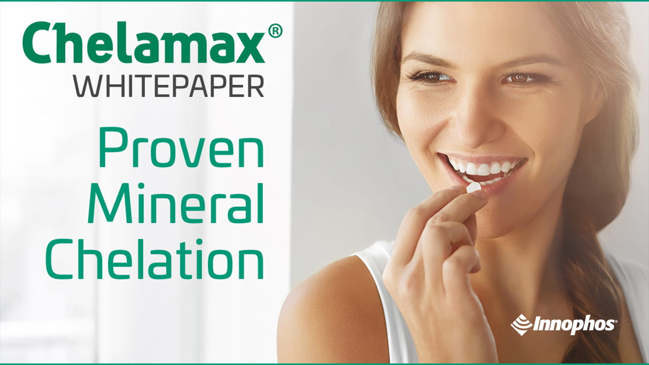 Advertisement for Chelamax® Whitepaper with text about mineral chelation and a person in the background