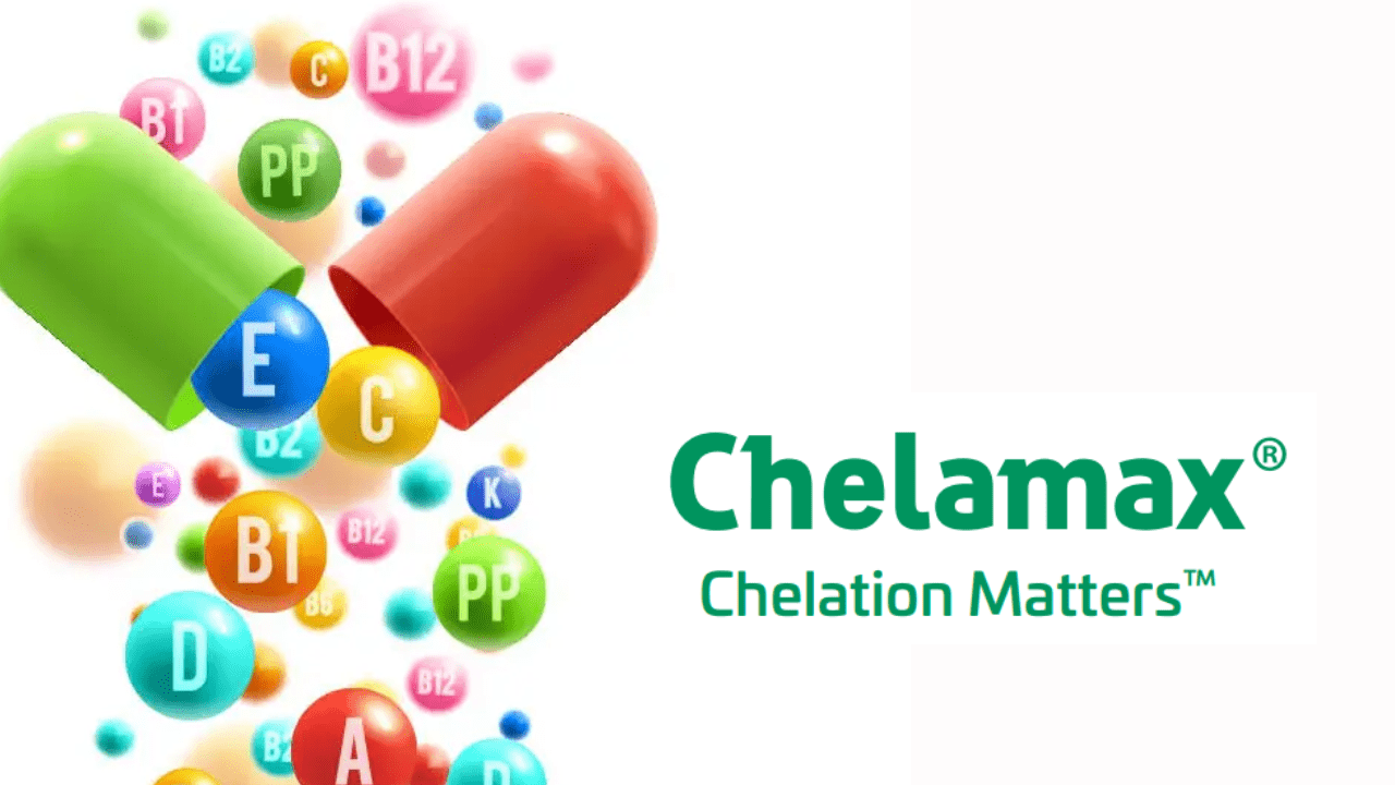 Promotional graphic for Chelamax® with colorful capsules, vitamin symbols, and the tagline Chelation Matters™