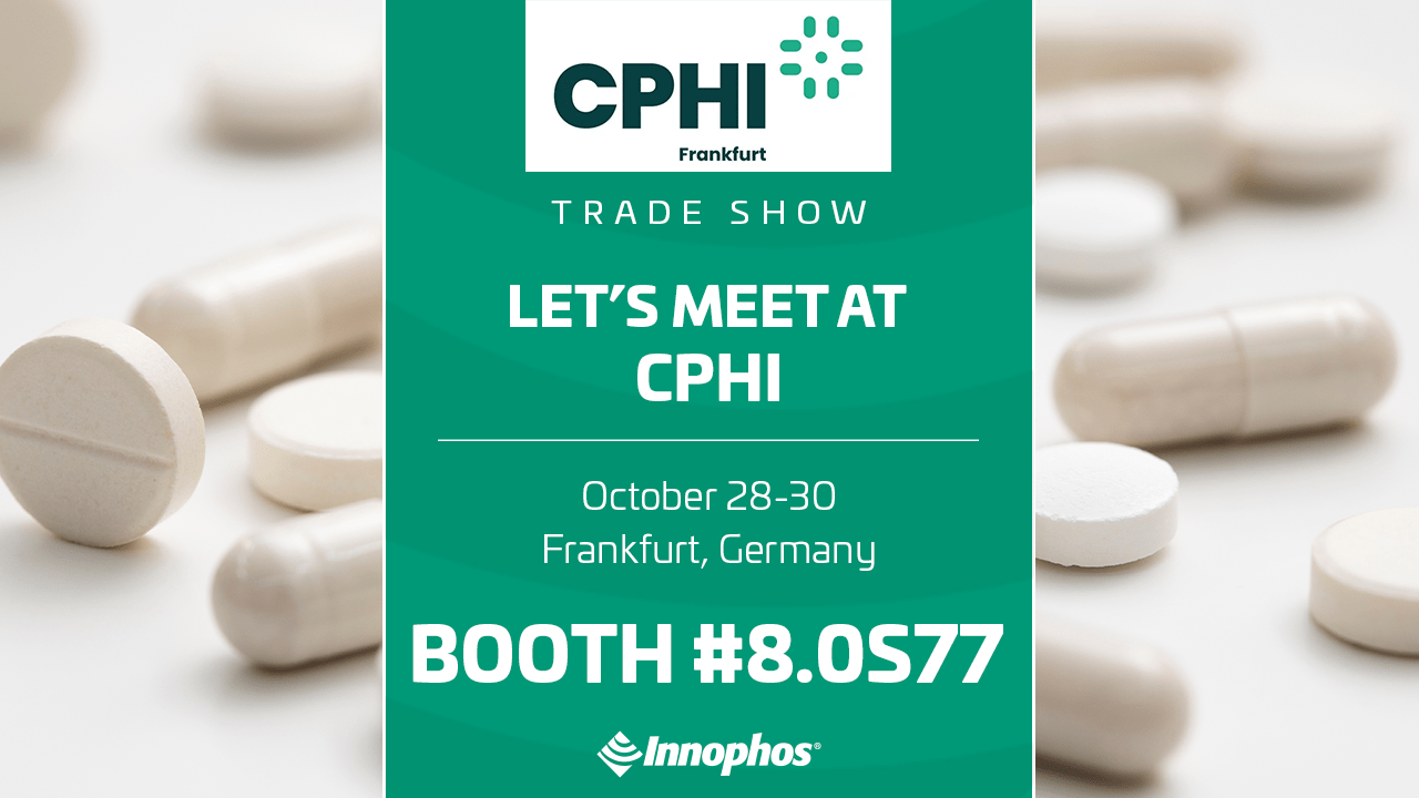 CPHI Frankfurt 2025 trade show ad with booth details and pill imagery.