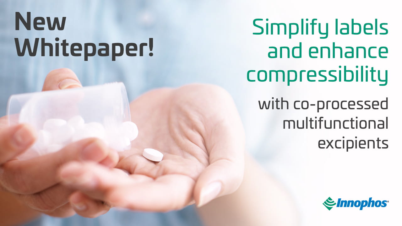Person holding white pills with promotional text about a whitepaper on multifunctional excipients