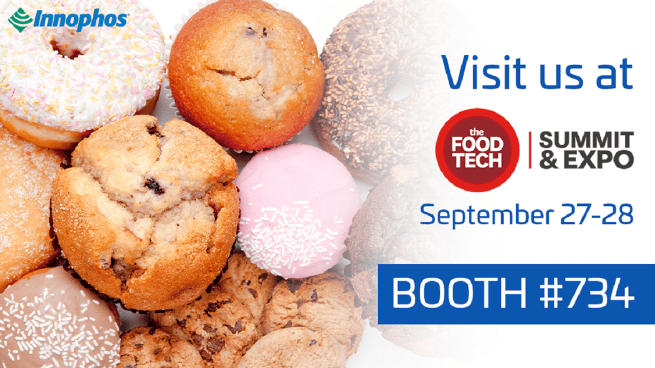 Assortment of baked goods with promotional text for The Food Tech Summit & Expo and Innophos logo