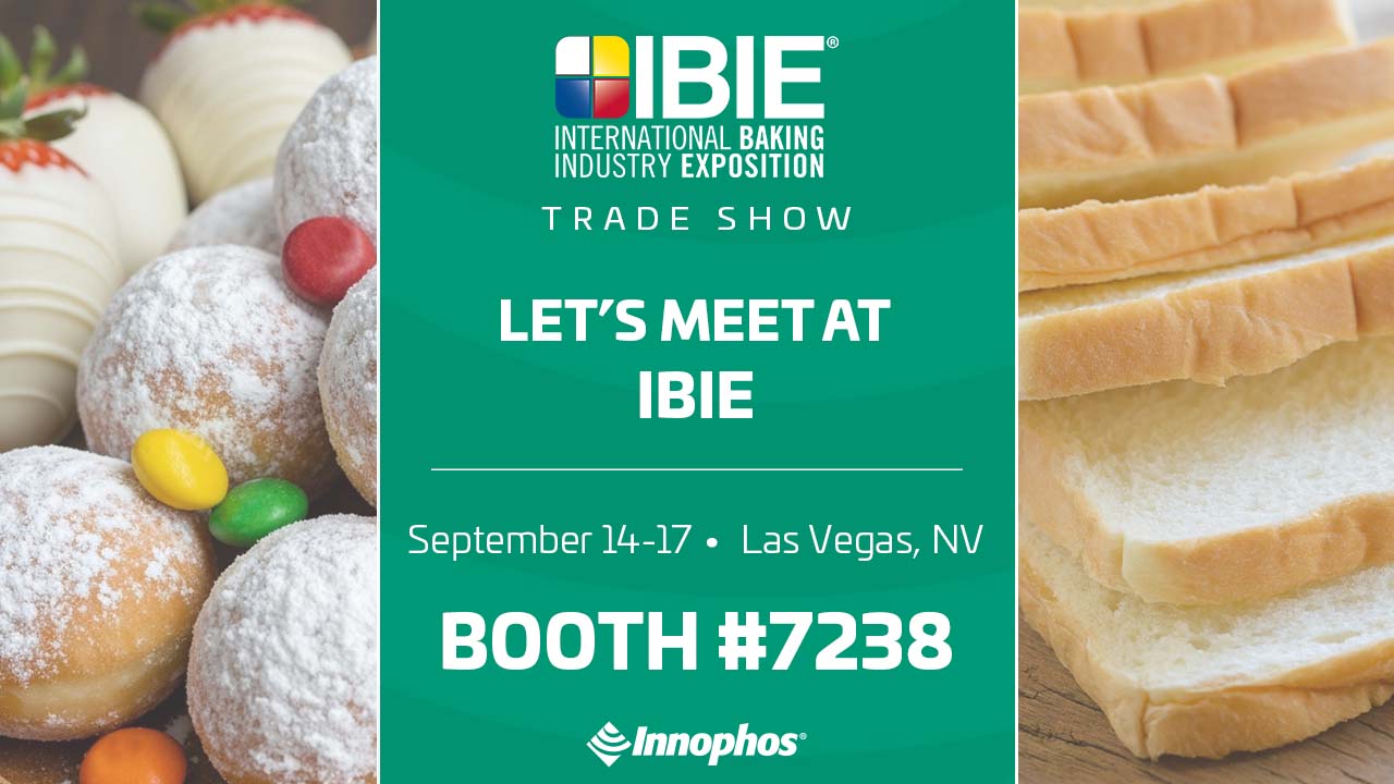 IBIE trade show ad with pastries, sliced bread, event details, and Innophos logo.