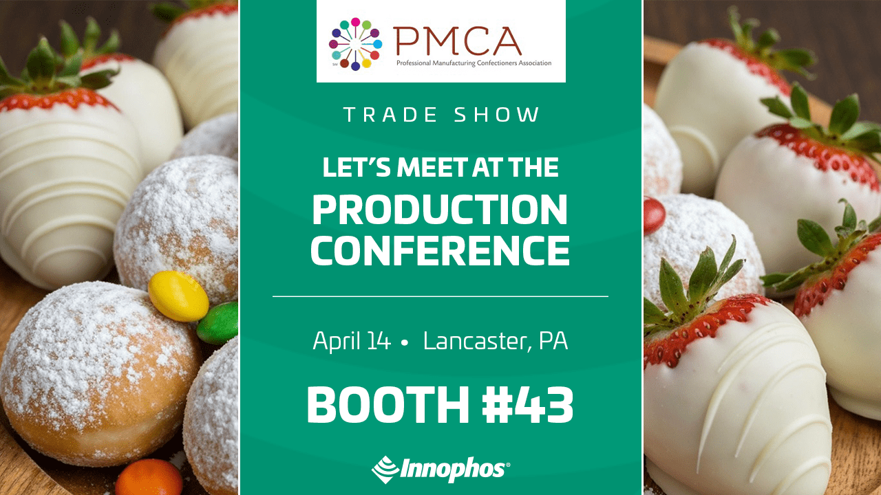 PMCA trade show flyer with desserts and booth information for Innophos.