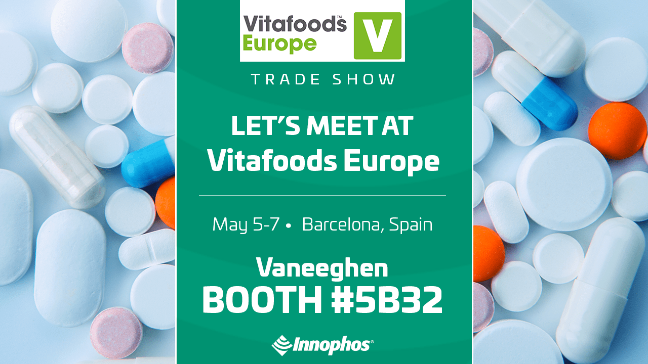 Vitafoods Europe trade show banner with supplements, event details, and booth number.